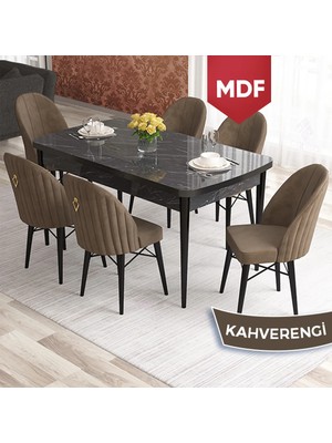 Canisa Elf Serisi 80X132 MDF Açılabilir Siyah Mermer Desen Mutfak Masa Takımı 6 Sandalye Gold Halkalı
