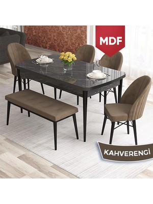 Canisa Elf Serisi 80X132 MDF Açılabilir Siyah Mermer Desen Mutfak Masa Takımı 4 Sandalye 1 Bench Gold Halkalı