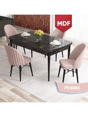 Canisa Elf Serisi 80X132 MDF Açılabilir Siyah Mermer Desen Mutfak Masa Takımı 4 Sandalye Gold Halkalı