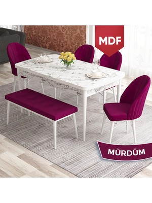 Canisa Elf Serisi 80X132 MDF Açılabilir Beyaz Mermer Desen Mutfak Masası Takımı 4 Sandalye 1 Bench Gold Halkalı