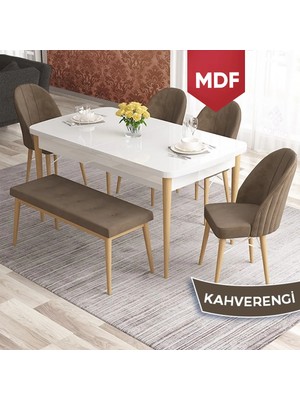 Canisa Elf Serisi 80X132 MDF Beyaz Masa Doğal Ahşap Ayak Beyaz Kafesli 4 Sandalye 1 Bench Gold Halkalı
