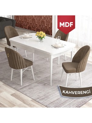 Canisa Elf Serisi 80X132 MDF Açılabilir Beyaz Mutfak Masa Takımı 4 Sandalye Gold Halkalı