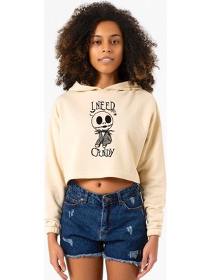 Tshirthane Jack Skellington I Need Candy Bej Kadın Crop Kapşonlu