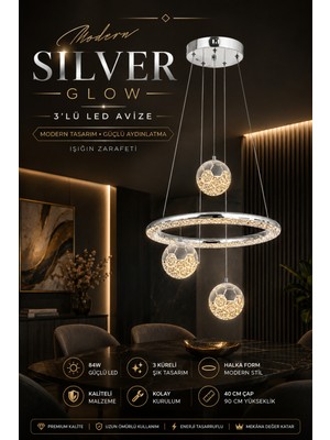 Elvora Home Modern (Premium) Halka 3'lü Krom Küreli Gold Detaylı 3 Renkli Ledli 84W Sarkıt Avize Salon Mutfak Çocuk Odasıavizesi Modelleri