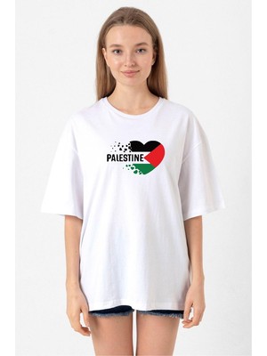Heart Palestine Flag Beyaz Kadın Oversize Tshirt