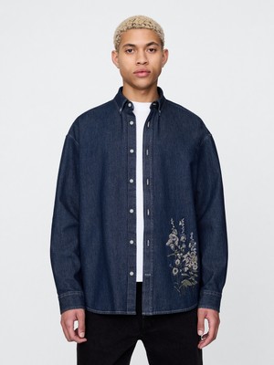 Gap Erkek Lacivert İşlemeli Denim Big Gömlek