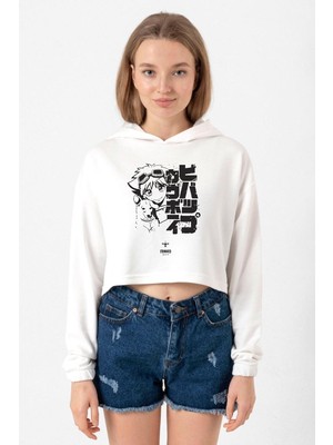 Tshirthane Cowboy Bebop Vintage Ein and Ed Ekru Kadın Crop Kapşonlu