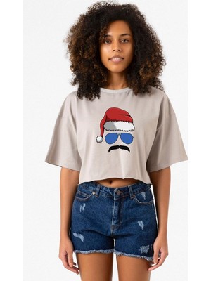 Mustache Christmas Hero Taş Rengi Kadın Crop Kapşonlu