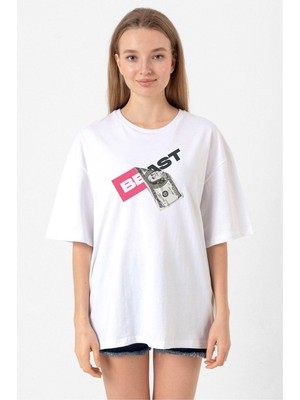 Mr Beast Dollar Bill Beyaz Kadın Oversize Tshirt
