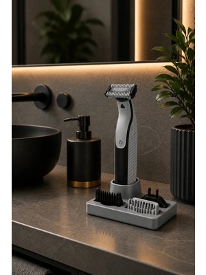 Arvella Studio Şarjlı Tıraş Makinesi Standı ve Başlık Düzenleyici Organizer – Çok Bölmeli Banyo Tezgah Üstü  Stand - AVEN01 Gri