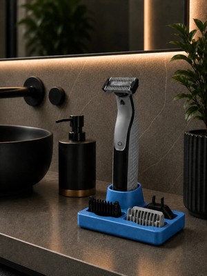 Arvella Studio Şarjlı Tıraş Makinesi Standı ve Başlık Düzenleyici Organizer – Çok Bölmeli Banyo Tezgah Üstü  Stand - AVEN01 Mavi