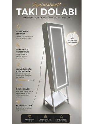 Decobox MDF Malzemeden Üretilmiş LED Aydınlatmalı Boy Aynalı Takı Dolabı 170 cm Yükseklik