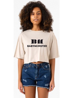 Babymonster Logo Bej Kadın Crop Tshirt