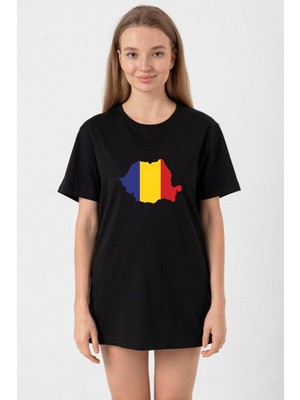 Euro 24 Romania Siyah Kadın Oversize Tshirt