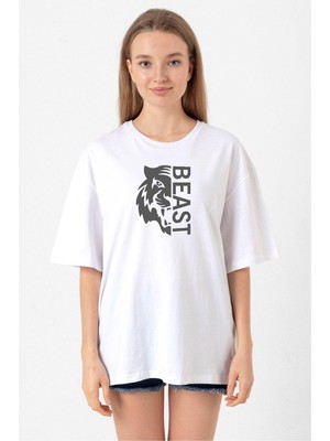 Mr Beast Half Face Beyaz Kadın Oversize Tshirt