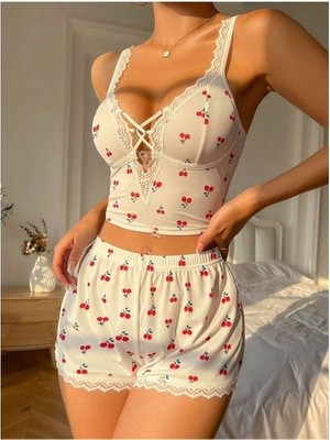 Bella Notte Kadın Kiraz Desenli Dantelli Önü Bağcıklı Üst ve Şort Pijama Takımı