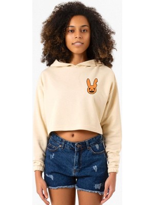Tshirthane Bad Bunny Halloween Bej Kadın Crop Kapşonlu