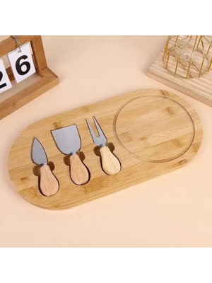 Shopwave Promosyonca Bambu Peynir Sunum Tabağı, 3 Parça Peynir Bıçağı Çatalı Seti, Toplam 4 Parça, Doğal