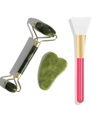 Shopwave 3'lü Cilt Bakım Seti Yeşim Taşı + Gua Sha Masaj Taşı + Maske Sürme Aparatı
