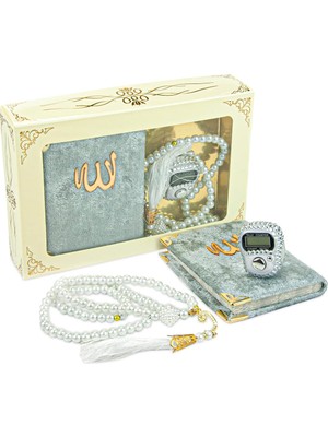 Shopwave Ihvan Online Taşlı Zikirmatik - Mini Kadife Yasin - Inci Tesbihli Hediyelik Set - Gri Renk