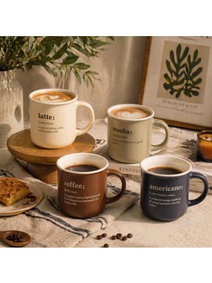 Shopwave 380 cc Porselen Kupa Bardak, Kahve Sözlüğü Tasarımlı Minimalist Kahve Fincanı (Latte, Mocha, Coffee