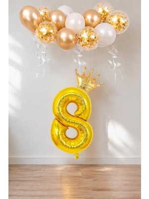 Shopwave 8 Rakam Gold Folyo Balon, Kral Tacı Konfetili Gold Balon