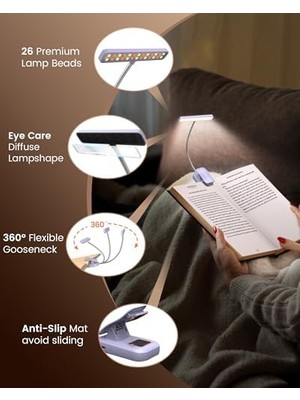 Glocusent 26 LED Okuma Lambası, Kitap Işığı, 5 Renk ve 5 Parlaklık Modu, Göz Koruması, Kademesiz Karartma, Geniş Lamba Alanı, Uzun Ömürlü, 90 Saat, 360° Esnek, Kitap Severler Için Mükemmel, Mor