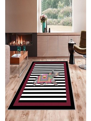 Shopwave Pelangi Fuşya Fil Desenli Çerçeveli Yıkanabilir Kaymaz Taban Tutmaz Salon Halısı Yol