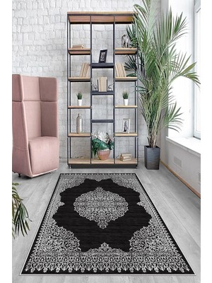 Shopwave Pelangi Siyah Zemin Beyaz Çerçeveli Yıkanabilir Kaymaz Taban Tutmaz Salon Halısı Yol