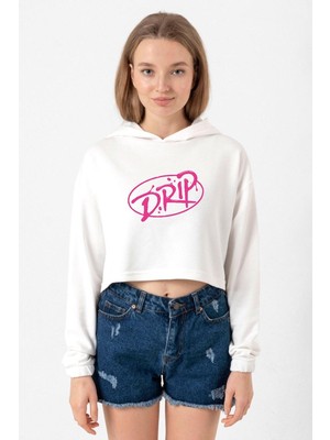 Tshirthane Babymonster Drip Ekru Kadın Crop Kapşonlu