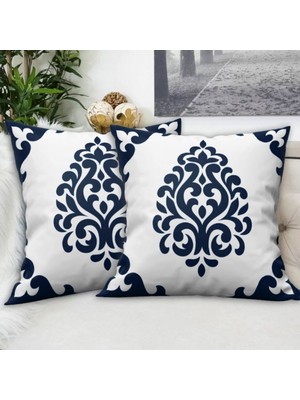 Ardizayn Damask Desen Beyaz - Lacivert Dekoratif Kadife 2'li Kırlent Kılıfı