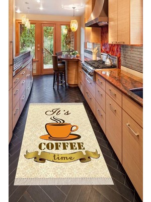 Shopwave Pelangi Bej Coffe Time Kahve Desenli Dijital Baskılı Kaymaz Taban Halı, Bej-Turuncu 100 x 100