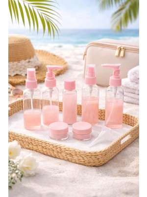 Shopwave Pembe 10 Parça Seyahat Şişe Seti, Özel Çantalı Tatil Şampuan Şişesi, Borosilikat Cam,