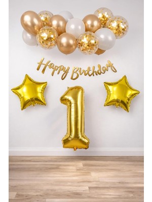 Shopwave Gold Konsept Doğum Günü Kutlama Seti; Beyaz Gold Konfetili Balon, Rakam Yıldız Folyo Banner (1)