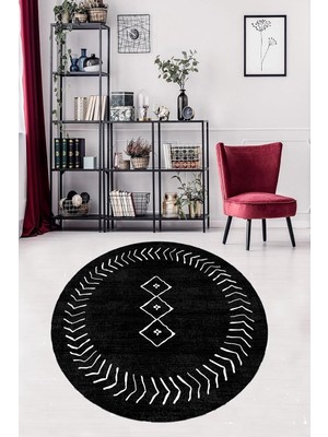 Shopwave Pelangi Beyaz Geometrik Çizgiler Desenli Bohem Dijital Baskı Yıkanabilir Kaymaz Taban Yuvarlak Salo