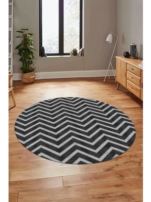 Shopwave Zikzak Desen Baskılı Kaymaz Taban Yıkanabilir Yuvarlak Salon Halısı Y-MODERN-102, Antrasit,