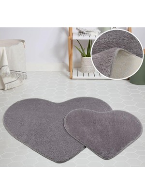 Shopwave My Evilla Dekoratif Halı Jel Kaymaz Taban Peluş Puffy Model Gri Paspas Takımı 70X100-70