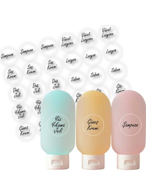 Shopwave 54 Parça Şeffaf Seyahat Şişe Etiketi Seti - 3x3 cm Su Geçirmez Kozmetik Banyo Etiketleri - Doldu