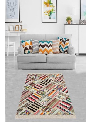 Shopwave On The Clouds Kilim Desenli Renk Bloklu Etnik Dijital Baskı Yıkanabilir Kaymaz Taban Salon H