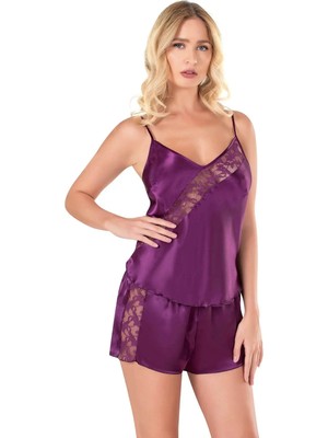 Mor Saten Babydoll Şort Takımı