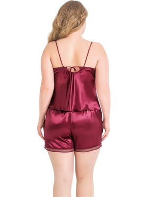 Büyük Beden Bordo Saten Babydoll Şort Takımı
