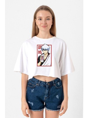 Gintama Anime Gintoki Fruit Juice Beyaz Kadın Crop Tshirt