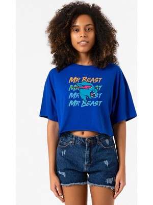 Mr Beast Lettern Mavi Kadın Crop Tshirt