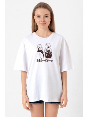 Jujutsu Kaisen Anime Long Beyaz Kadın Oversize Tshirt