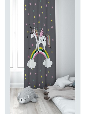 Shopwave Pelangi Gri Unicorn Desenli Dijital Baskı Yıkanabilir Bebek Çocuk Odası Fon Perdesi, Gri 70 x 240,
