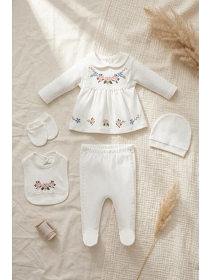 Babydonat Flora Nakışlı 5'li Ekru Renk % 100 Pamuklu Yenidoğan 5'li Hastane Çıkış Seti ve Bebek Takım