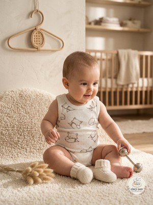 Gökçe Baby Unisex Bebek Beyaz Sevim Tilki Desenli %100 Pamuk Ajurlu Askılı Zıbın / Body