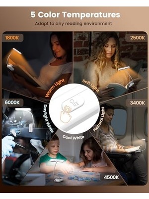 Glocusent Okuma Lambası, Kitap Kıskacı, 26 Led, 5 Renk Sıcaklığı ve Kademesiz Parlaklık, 1200 Mah Pil, 90 Adet Usb-C Şarj Edilebilir Okuma Işığı, Yatakta Gece Okumak Için 360° Esnek (Açık Beyaz)