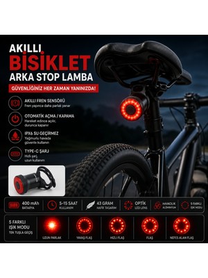 Triline Akıllı Bisiklet Kuyruk Lambası Fren Sensörlü Type-C Şarjlı Ipx6 Su Geçirmez LED Arka Stop Işığı