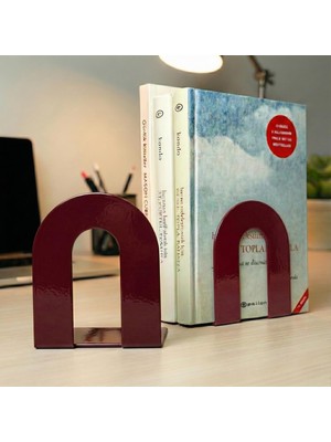 2'li Metal Kitap Desteği Kitap Tutucu (Ikili) Dekoratif Aksesuar (Şarap Kırmızısı)